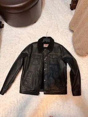 Levi's Black Leather Bomber Jacket with Sherpa Collar